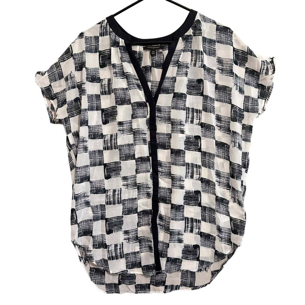 Banana Republic Womens Tunic Blouse Navy White Sheer Cap Sleeve V Neck XS